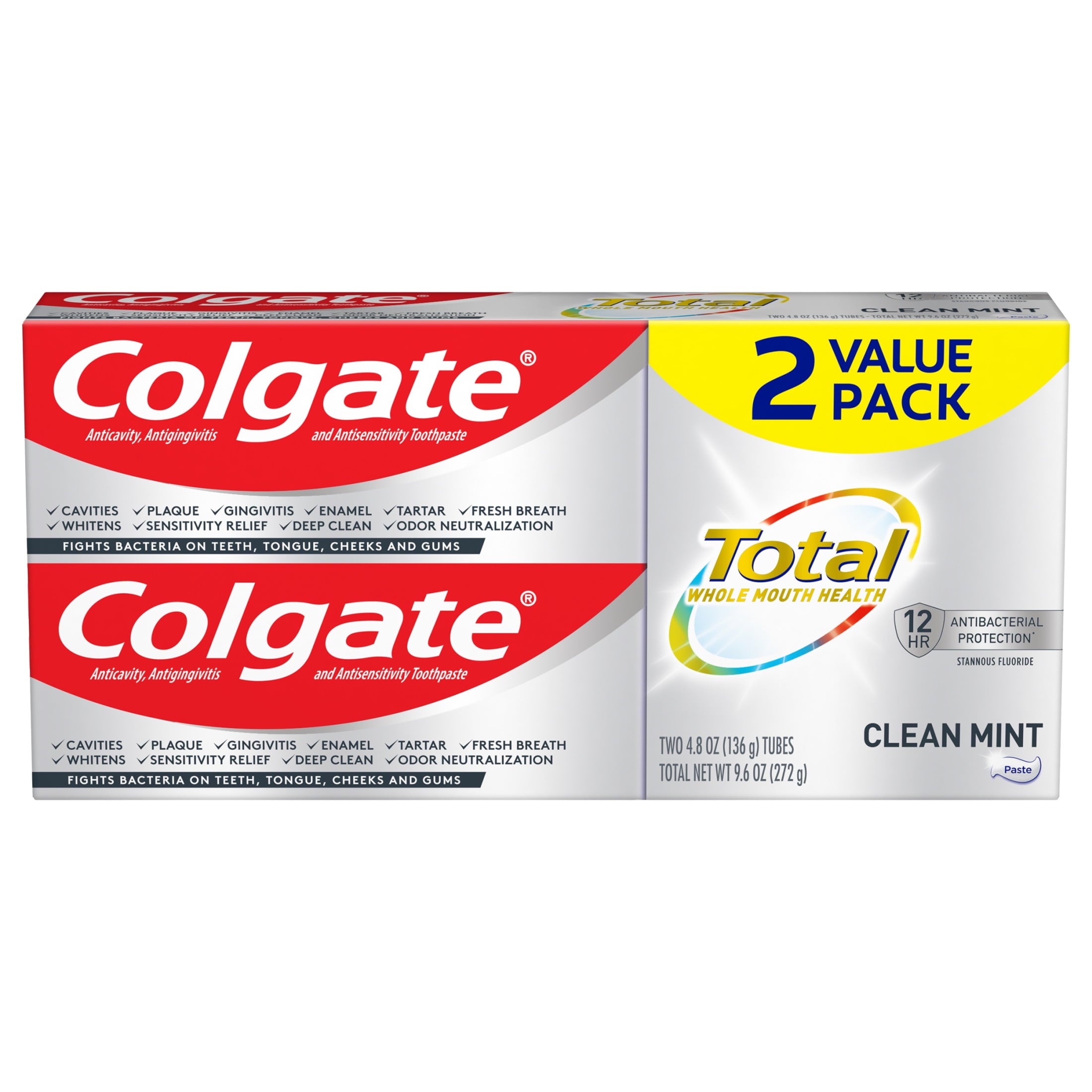 Total Clean Mint Toothpaste, Whitening Toothpaste, 2 Pack, 4.8 Oz Tubes